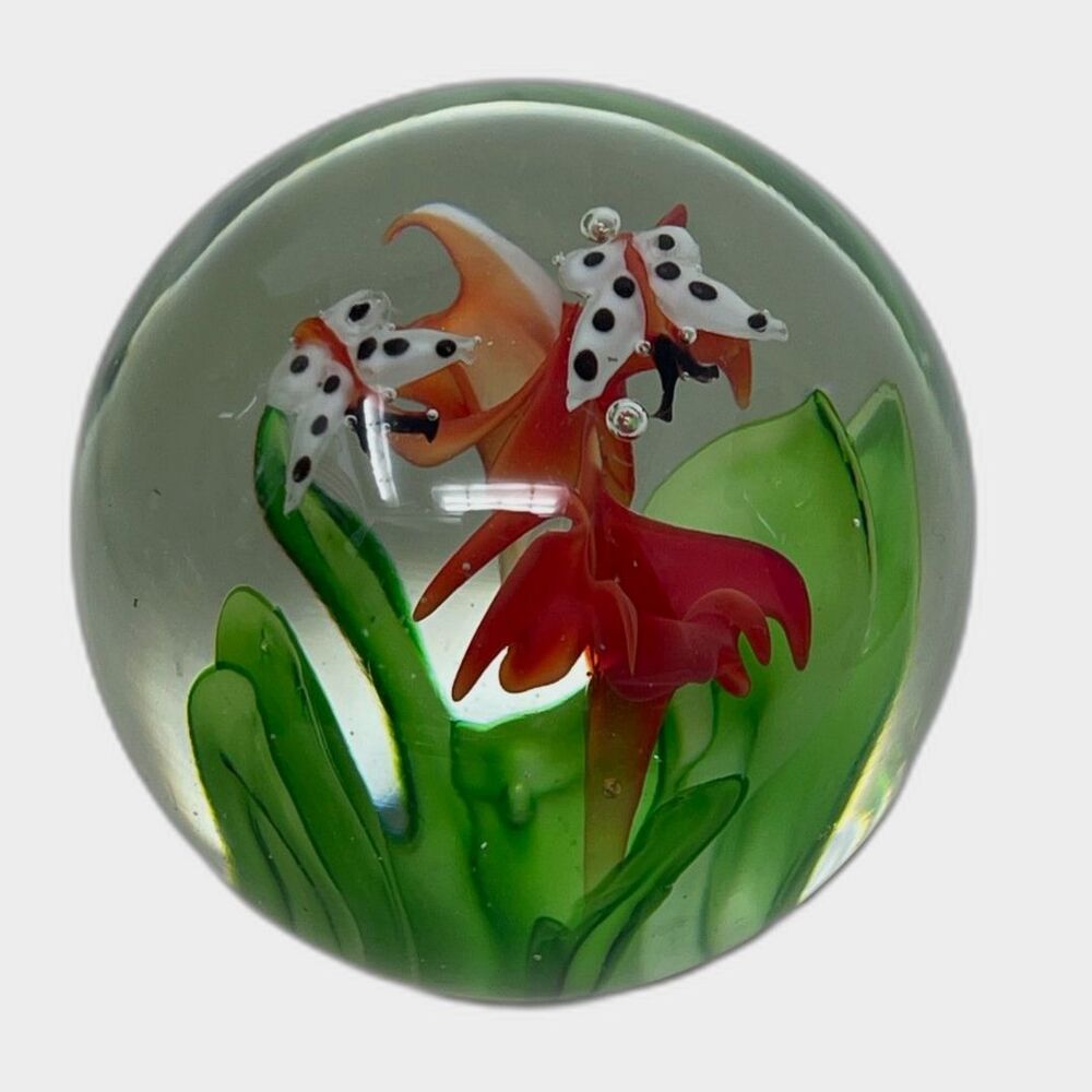 Vintage Handmade Glass Flower Floral & Double Butterfly Orb Paperweight 3.5"